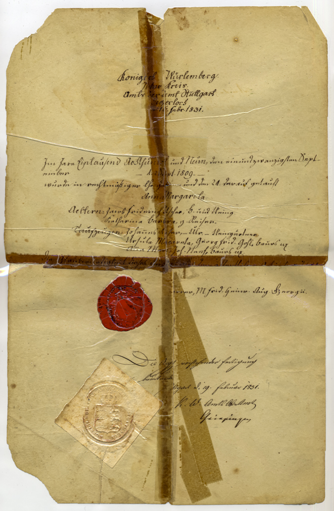 Anna Margaretha Lutscher birth certificate, 16 February 1831.