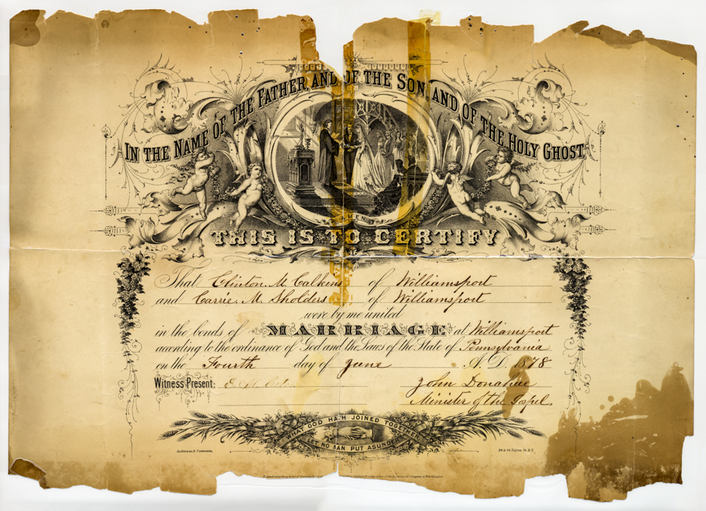 Clinton Miller Calkins and Caroline M. Sholder marriage certificate, 4 June 1878.